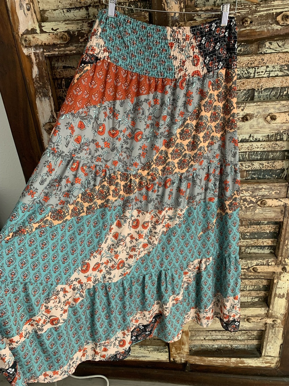 Boho Patchwork Smocked Waist Tiered Long Maxi Skirt, Teal Rust Cottagecore, L - Picture 4 of 10